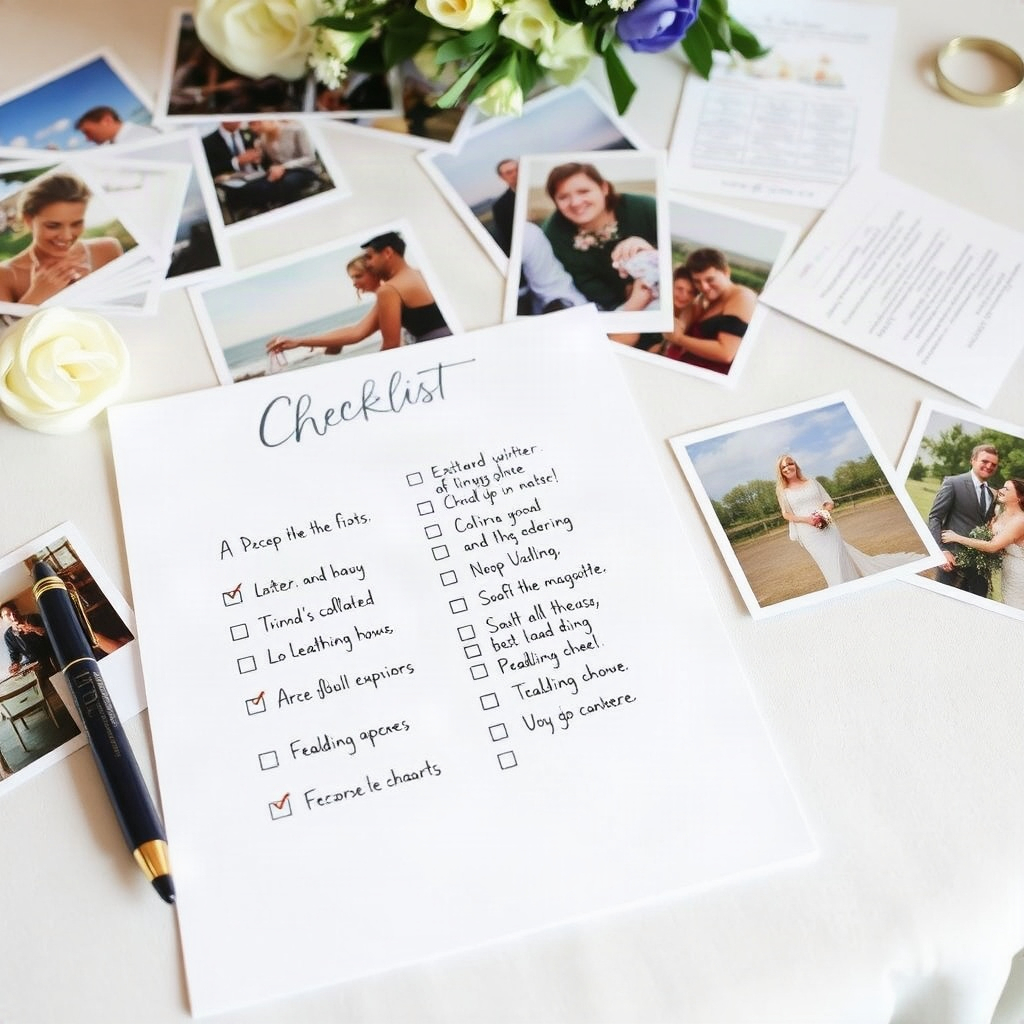Handwritten checklist on a table with photographs and wedding details scattered around