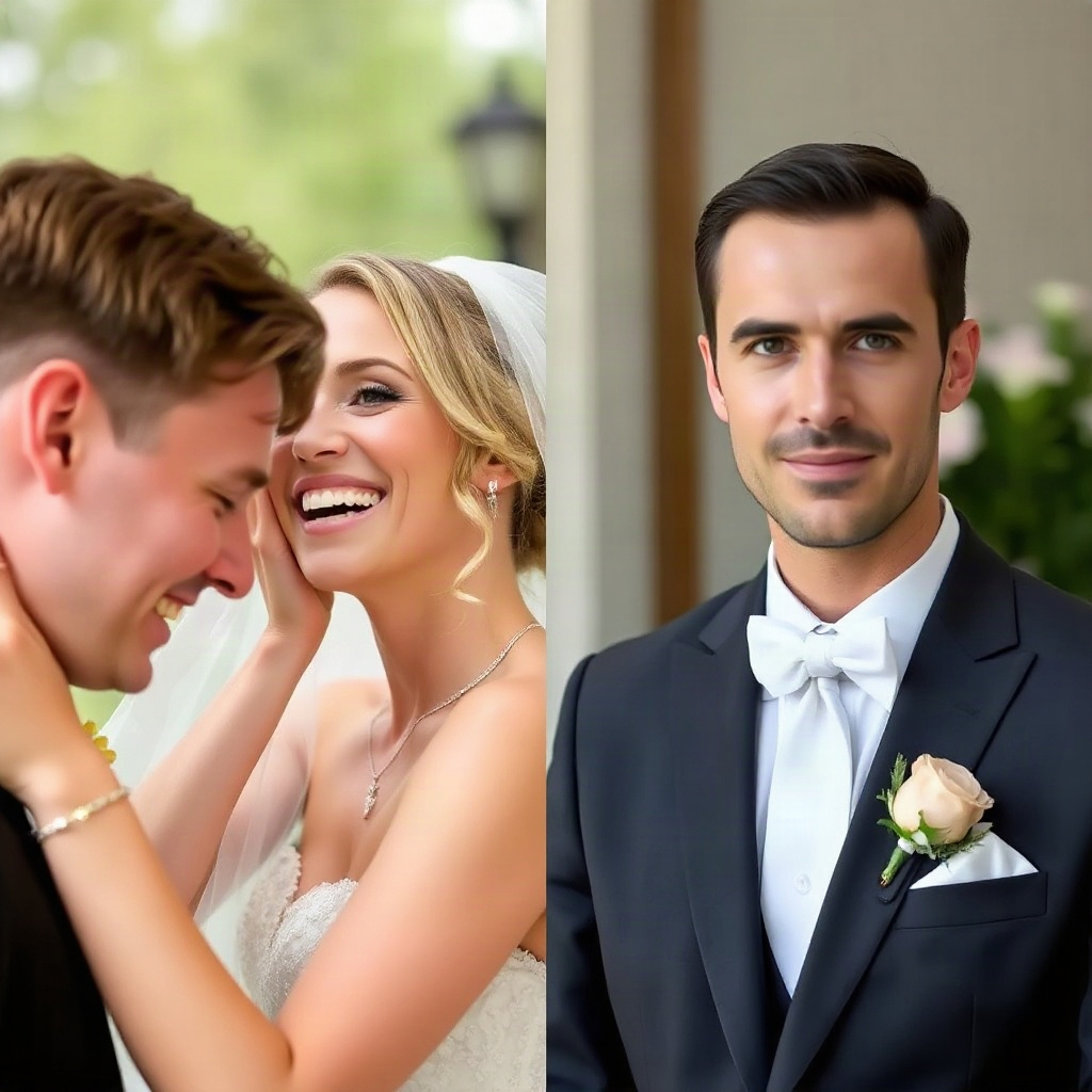 Split-screen comparison showing a candid emotional moment beside a carefully composed formal portrait