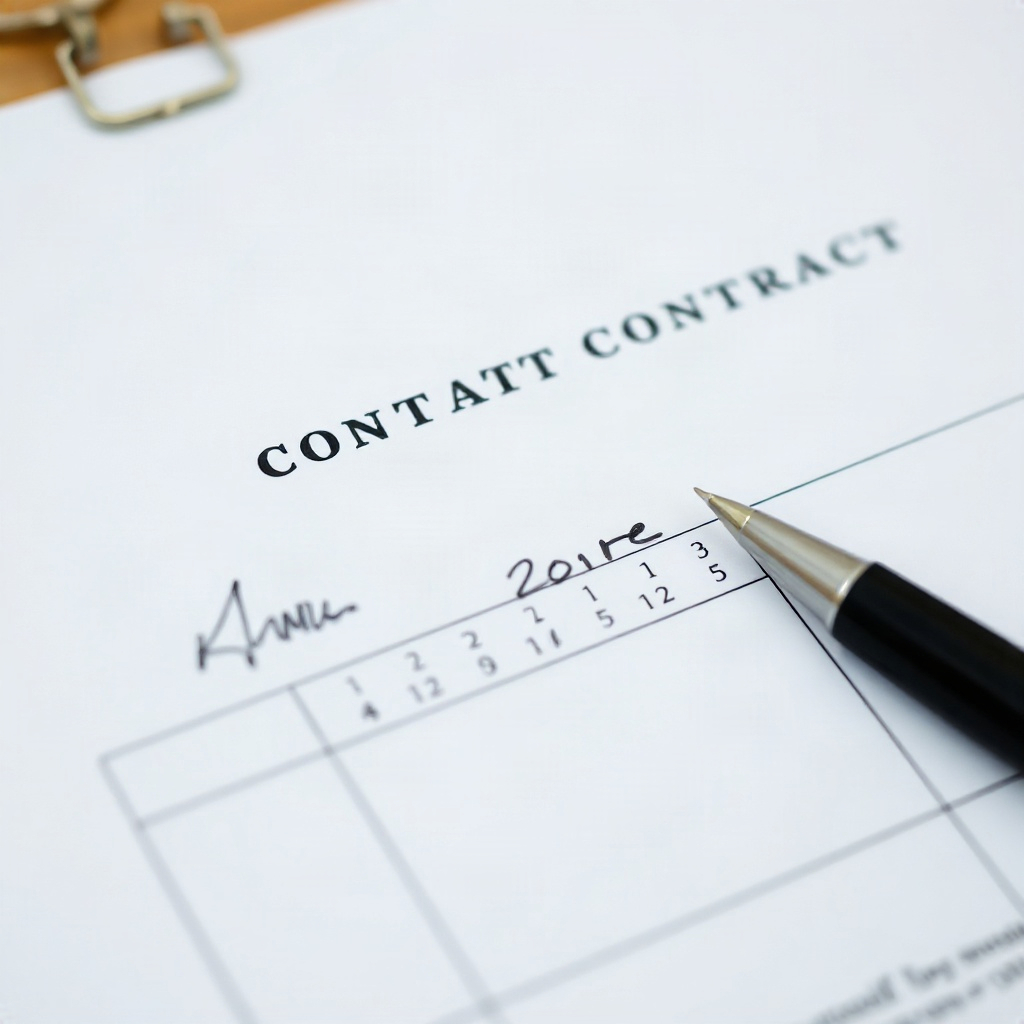 Close-up of a signed contract document with pen and calendar showing wedding date