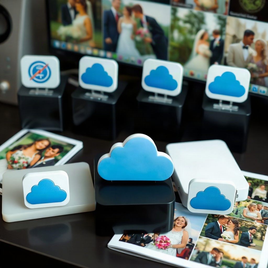 Multiple external hard drives and cloud storage app icons arranged on a desk with wedding photos displayed