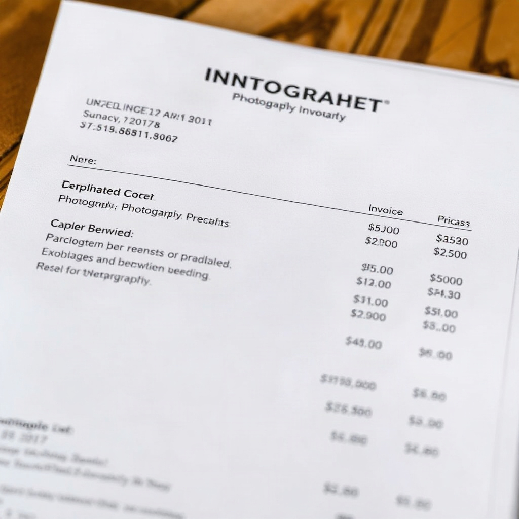 Invoice showing itemized photography charges with various pricing tiers listed