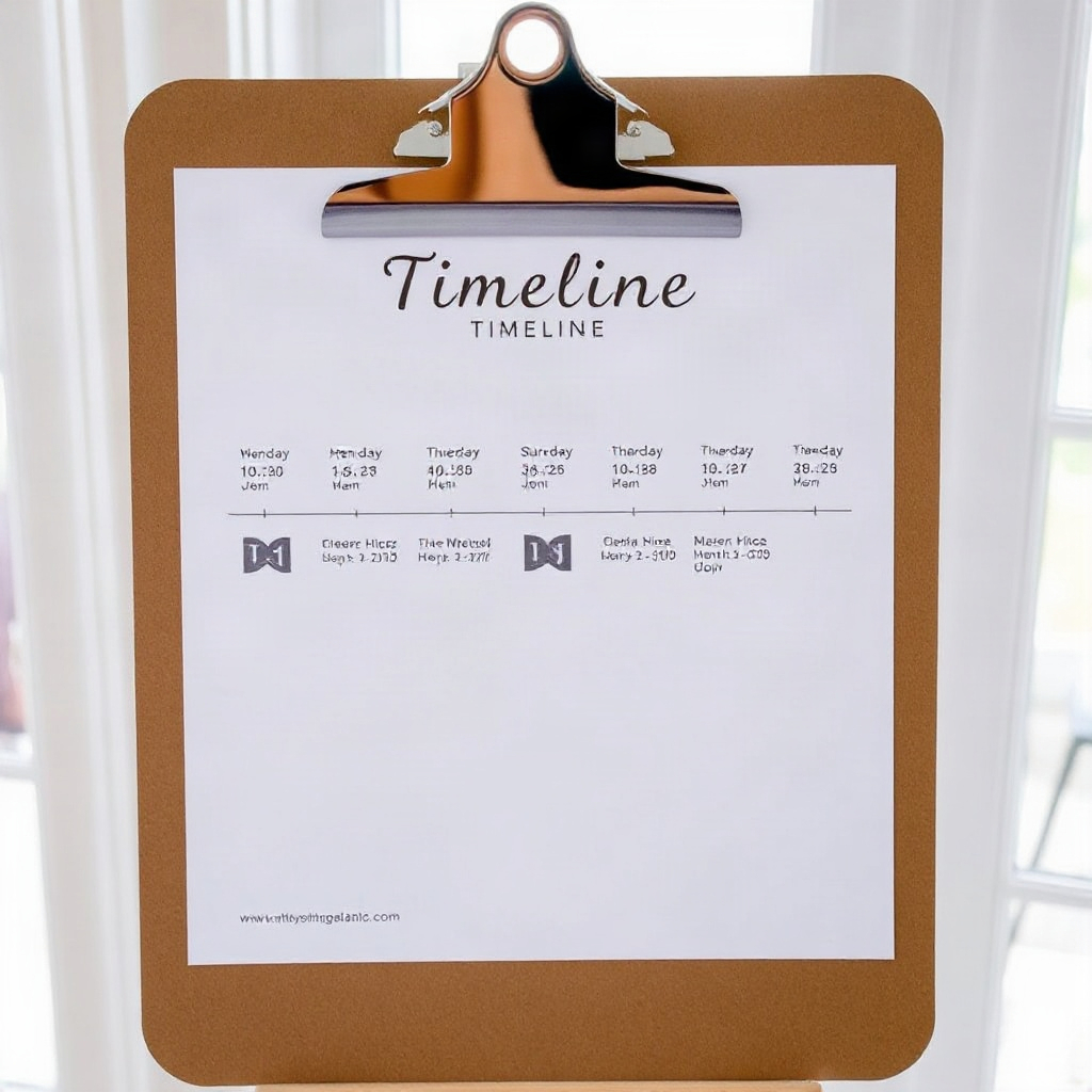 Printed timeline sheet clipped to a clipboard showing hour-by-hour wedding schedule