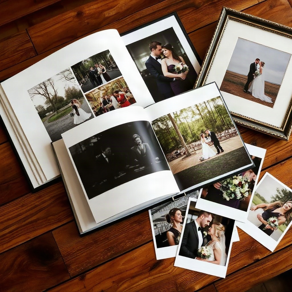 Open wedding album lying on a table next to framed prints and loose photographs