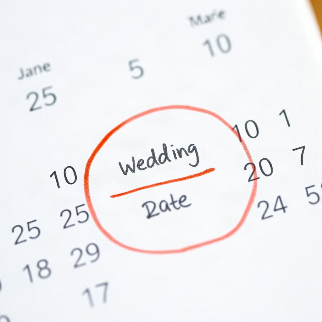 Calendar page showing wedding date circled several months ahead with photographer's name penciled in